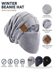 1 buah Balaclava Rajut Kabel Berlapisan Termal Unisex, Topi Pelindung Wajah Penuh Musim Dingin Lembut Elastis Tahan Angin dengan Dekorasi Patch Kulit - MultiWarna - View 4