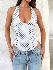 Women's Summer Sports Y2K Sexy Hot Girl Deep U-Neck Halter Backless Bodysuit - White Background With Black Waves - View 7