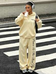 Lurzo Teen Girls Y2K Lazy Loose Sweatshirt Set, Cream Apricot Sweatshirt Paired With Side Print Wide Leg Pants, Suitable For Daily Shopping And Street Wear - Apricot - View 1