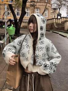 Floral Hooded Knit Cardigan (Random Floral) - Off White - View 2