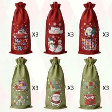 CARRIECUR 6/12/18Pcs Christmas Wine Bottle Gift Bags, Red & Green Linen Drawstring Wine Gift Sacks With Santa Snowman Christmas Tree Pattern, Reusable Xmas Holiday Wine Bottle Wrapping Pouches - Green - View 7