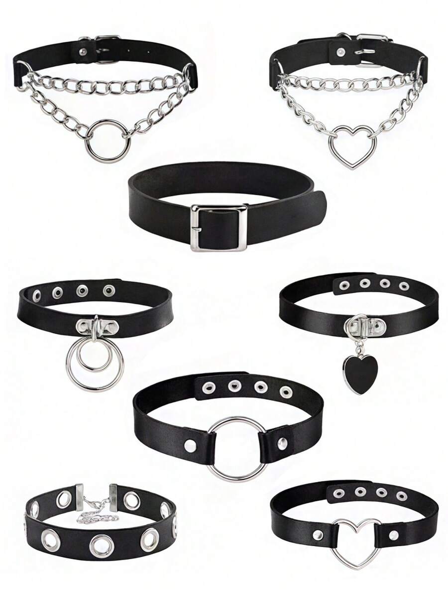 8pcs/Set Punk Rock Studded Choker Set, Unisex Necklace, Vintage Black Y2K Choker, PU Leather Rock Accessories - Style 1 - View 1