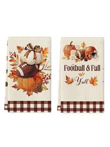 2Pcs Football & Fall Y'all Kitchen Towel Set, Watercolor Pumpkin Football Bow Maple Leaf Brown Buffalo Plaid Border Farmhouse Sports Thanksgiving Dish Hand Towels - Beige - View 6