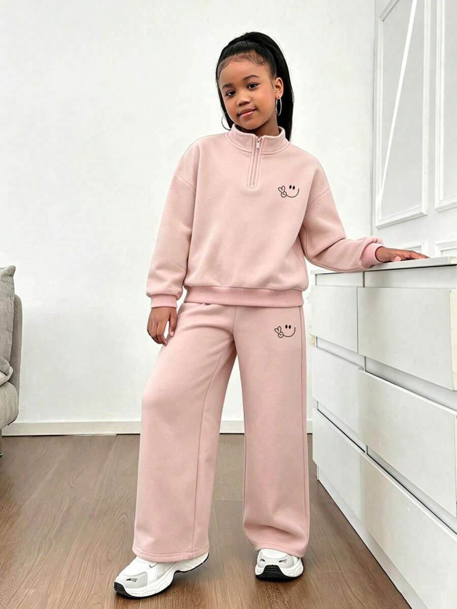 Tween Girl Preppy Style Cartoon Face Graphic Solid Color Sweatshirt And Pants Set, Minimalist Design, Comfortable For Spring, Autumn, Winter, 2-Piece - Pink - View 1