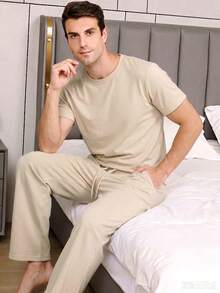 Men's Summer Crew Neck Casual T-Shirt And Casual Long Pants Loungewear Set - Apricot - View 2