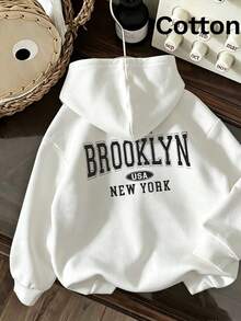 Women's Casual White Brooklyn New York Graphic Hoodie, Long Sleeve Drop Shoulder Pullover Sweatshirt For Streetwear And Fall Outfits - White - View 4
