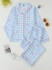 Tween Girls 2Pcs Blue Gingham Bow & Butterfly Print Long Sleeve Pajama Set, Casual Tween Girl Loungewear Sleepwear For Spring Fall Winter Home Outfit - Blue - View 2