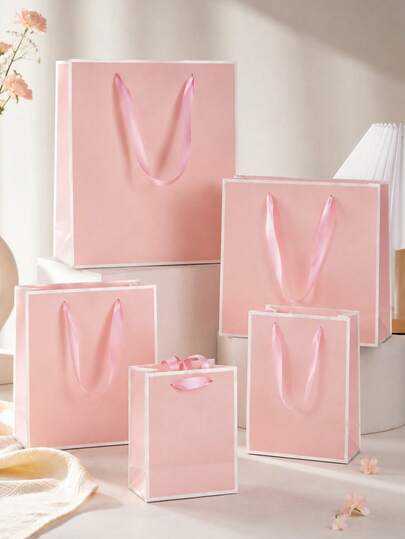 1/5pcs Pink & White Ribbon Handle Gift Bags, Lightweight Foldable Vertical Gift Packaging Bags, Suitable For Wedding, Retail, Party, Birthday, Proposal, Anniversary, Father's Day, Valentine's Day And Engagement Party Gift Decoration