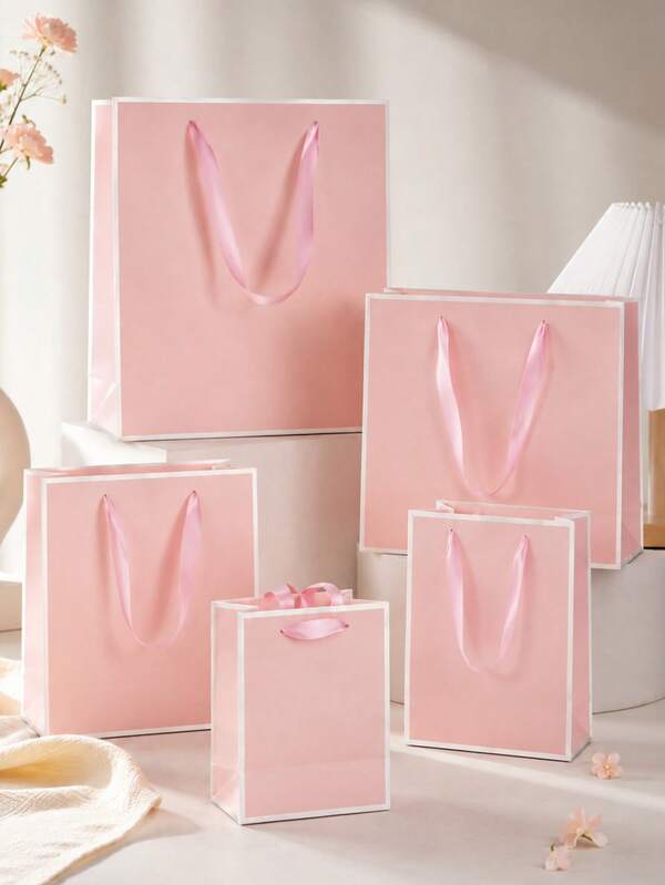 1/5pcs Pink & White Ribbon Handle Gift Bags, Lightweight Foldable Vertical Gift Packaging Bags, Suitable For Wedding, Retail, Party, Birthday, Proposal, Anniversary, Father's Day, Valentine's Day And Engagement Party Gift Decoration