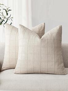 1pc/2pcs Beige 3D Striped Decorative Pillow Cover (Pillow Insert Not Included), Modern Soft Chenille Vintage Textured Cushion Cover, Suitable For Home Sofa, Bedroom, Decor, All Seasons - Beige - View 1