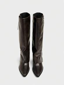 New Pointed Toe Chunky Heel Pant Leg Boots Women's Retro Knee-High Long Boots High Heel Western Cowboy Boots Riding Boots - Brown - View 8