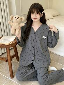 2pcs/Set Women's Pajamas Loungewear Set, V-Neck Cardigan Cute Panda Print Pattern Minimalist Long Sleeve Long Pants, Comfortable Home Style - Grey - View 10