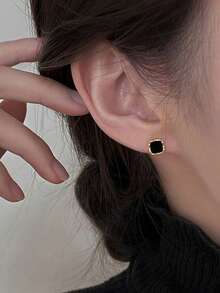 1 Pair Black Square Gold-Rimmed Mini Stud Earrings, Small Elegant High-End Earrings For Women's Daily Wear - Black - View 3