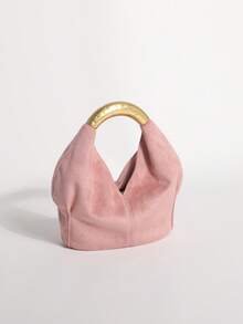 1pc Lotus Pink Textured Velvet Ruffled Design Vintage Metal Hardware Handbag, Exquisite Fashion Zipper Bucket Bag Suitable For Commuting And Shopping - Dusty Pink - View 3