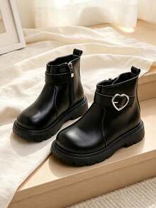 1 Pair Kids Heart Metal Buckle Decor Ankle Boots With Side Zipper Design, Simple Campus Style, Suitable For Outdoor Play, School Commute, Autumn/Winter - Black - View 7