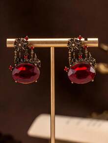 1 Pair Exquisite Red & Yellow Oval Cute Romantic Castle & Fireworks Pattern Earrings, Suitable For Daily Wear, Party And Ball - Red - View 6