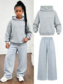 Girls' Casual 2 Pieces Set, Includes Solid Color Hoodie And Wide Leg Pants, Soft And Comfortable, Suitable For Autumn/Winter Wear - Grey - View 1
