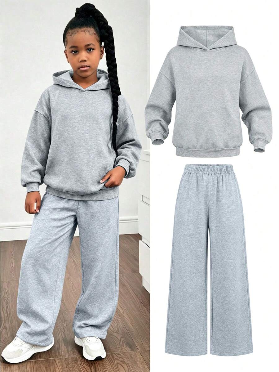 Girls' Casual 2 Pieces Set, Includes Solid Color Hoodie And Wide Leg Pants, Soft And Comfortable, Suitable For Autumn/Winter Wear - Grey - View 1