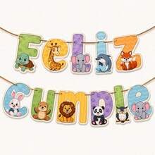 1 Set Spanish Birthday Banner, Cartoon Zoo Animal Letter Paper Hanging Bunting, Spanish Language Small Animal Theme Birthday Party Wall Hanging Decoration - Color - View 1