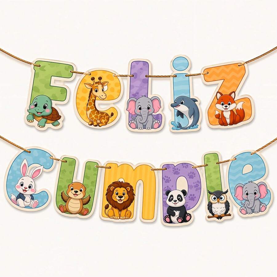 1 Set Spanish Birthday Banner, Cartoon Zoo Animal Letter Paper Hanging Bunting, Spanish Language Small Animal Theme Birthday Party Wall Hanging Decoration - Color - View 1