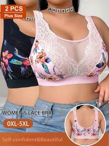 2pcs/Set Casual Comfortable Minimalist Plus Size Women's Bra, Printed Design With Lace Patchwork, Wireless Soft Comfortable Lingerie - Multicolor - View 5