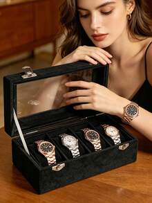 8-Slot/4-Slot Watch Box, Velvet Watch Box With Glass Lid, Unisex Watch Storage Box, Lockable Watch Storage Box, Watch Display Box, Ideal Gift, Gift For Her - one-size - View 10