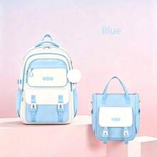 Juego de 2 piezas de mochila y bolso tote con bloques de color, gran capacidad, múltiples compartimentos, estilo coreano, versátil para campus y desplazamientos - Conjuntos - Ver 10