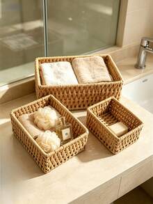 1/3pcs Handmade Woven Rattan Storage Tray Desktop Organizer, Suitable For Cosmetics, Keys, Jewelry, Stationery And Other Small Daily Items, Multi-Functional Stackable, Rustic Natural Woven Rattan Finish, Versatile Fashionable, Suitable For Home Living Room Bedroom Study Office Desktop - Camel - View 2