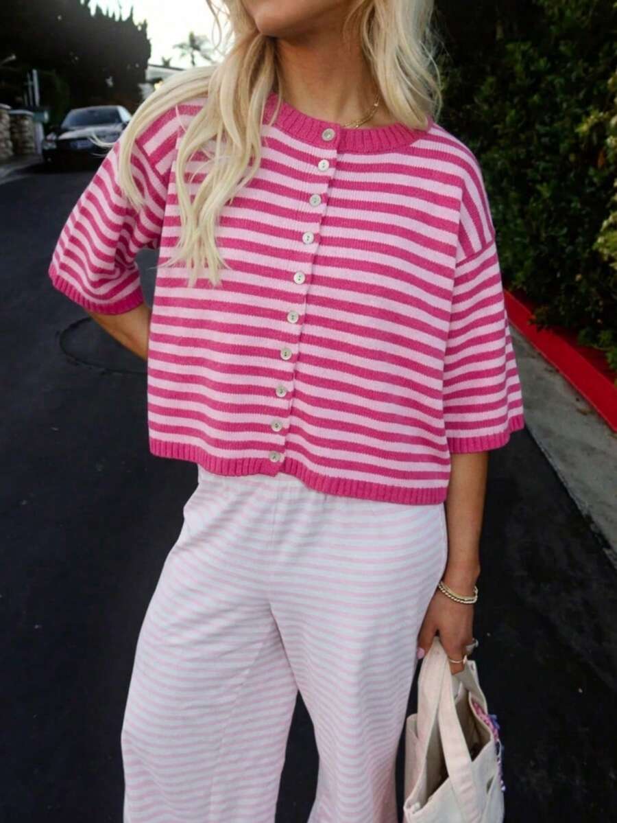 Vivid Style Summer/Autumn Basic Blue & Yellow Striped Button-Up Cardigan, Preppy Short Five-Sleeve Knit Top, Back To School Outfit Inspiration - Hot Pink - View 1