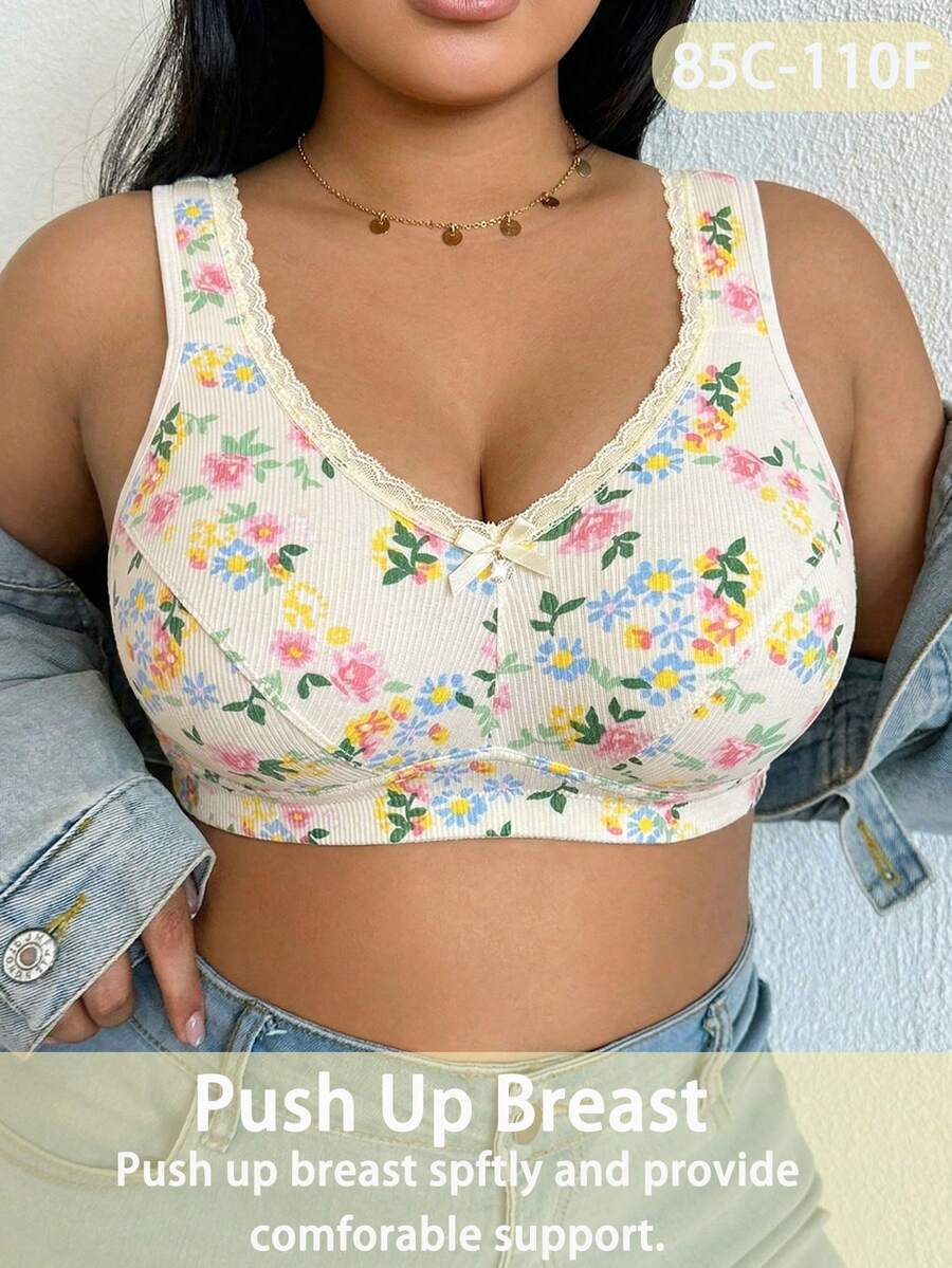 1pc Casual Comfortable Plus Size Women's Bra With Printed Design, Wire-Free Soft Comfortable Lingerie - Yellow - View 1