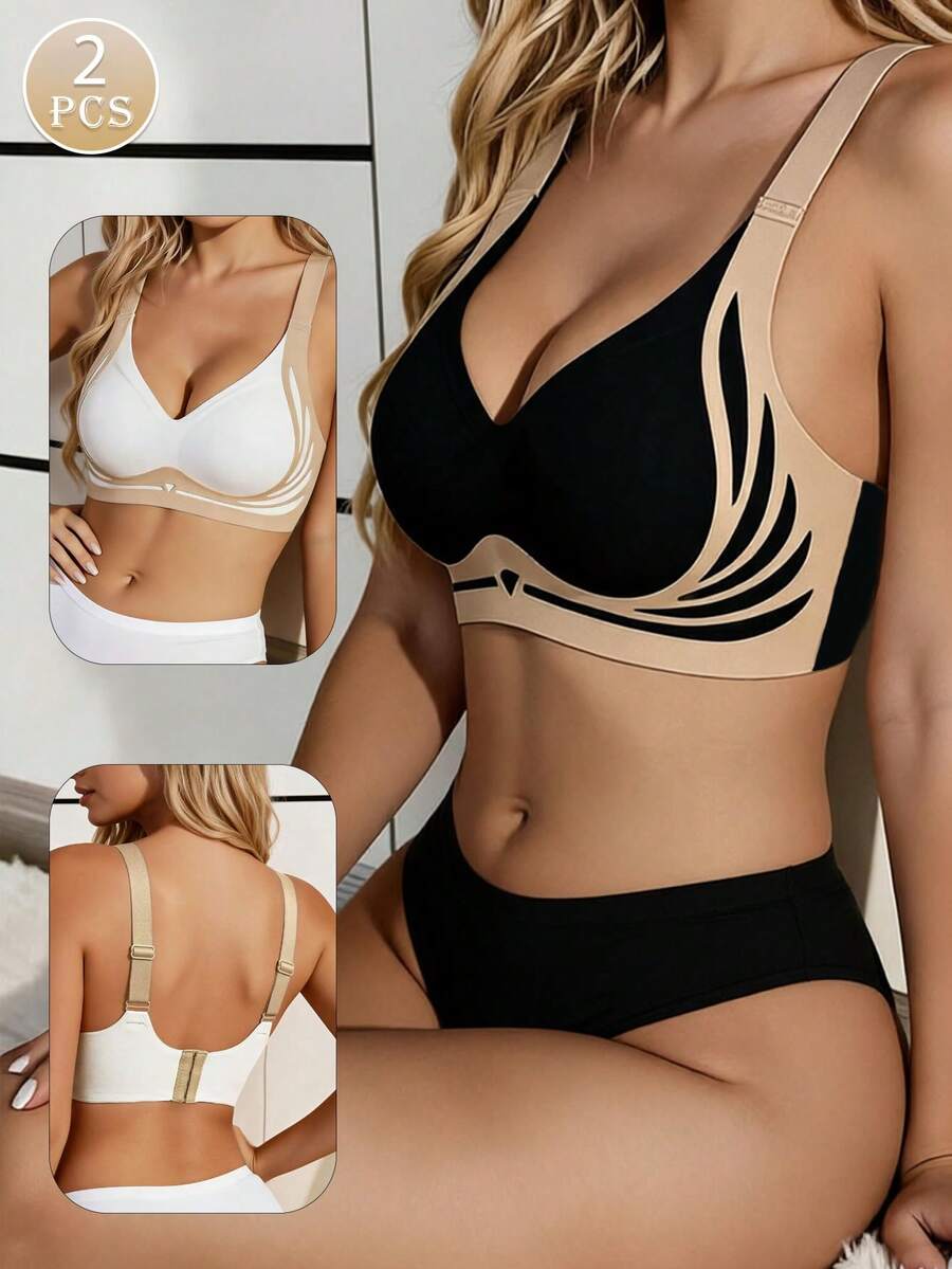 2 PCS Women Color Block Bra, V Neck High Support Seamless Bra, Contrast Wing Pattern Wide Strap Comfort Push Up Lingerie - Multicolor - View 1