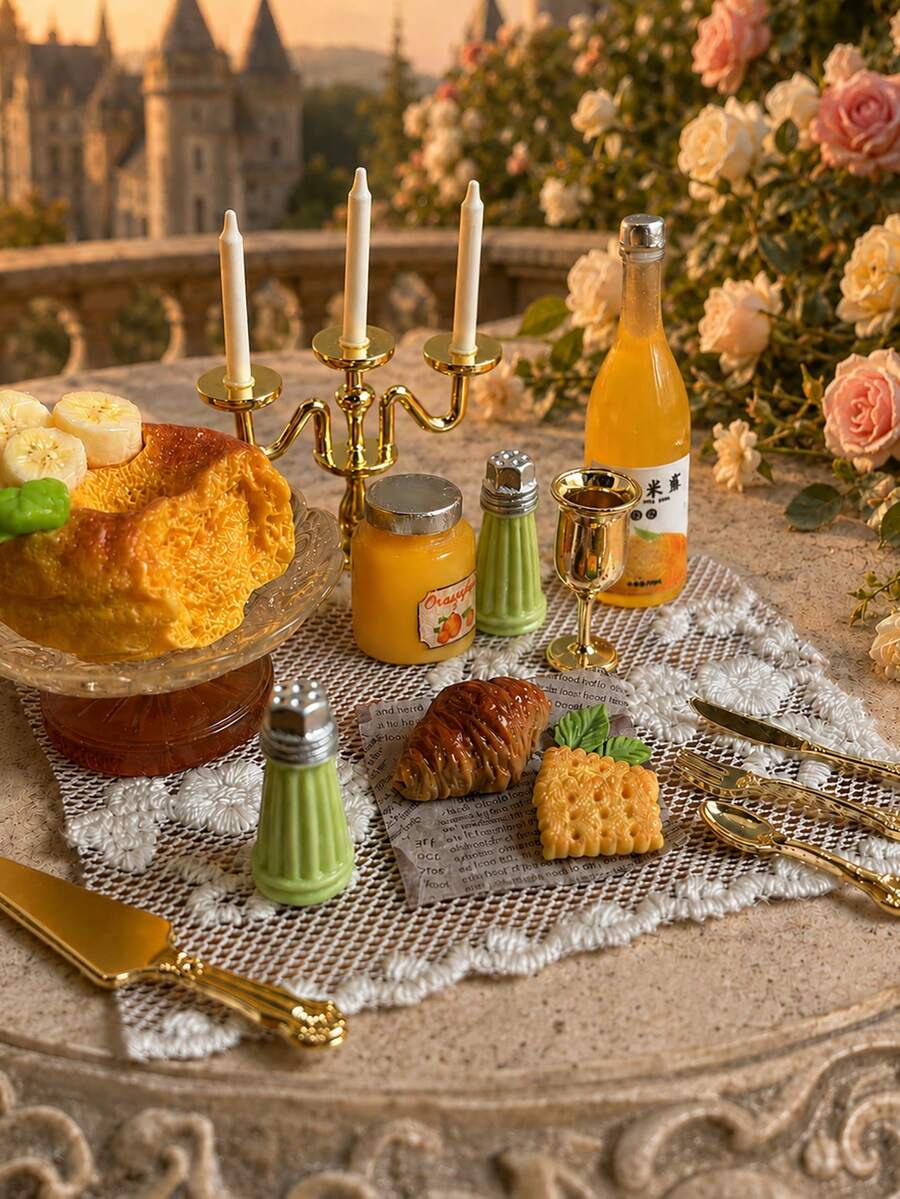Miniature Afternoon Tea Model Decor, Banana Bread, Jam, Beverage, Candle Holder And Tableware Models, Dollhouse Restaurant Scene Decoration Accessories - one-size - View 1
