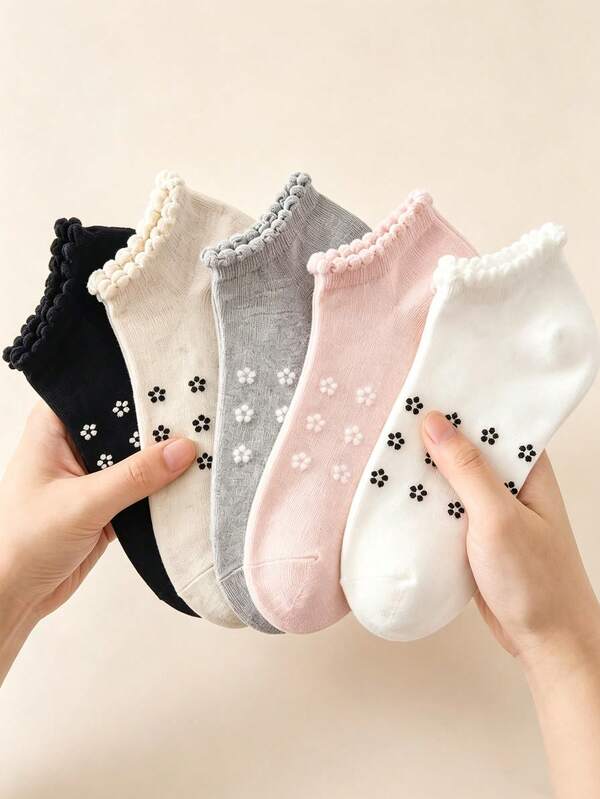 5 pares de calcetines cortos para mujer, estilo para todas las estaciones con borde de volantes y estampado floral pequeño, puño de volantes con encaje de burbujas, elegante y minimalista, Body de jacquard con estampado floral de trébol de cuatro hojas, simple y fresco, tela suave y cómoda, amigable con la piel y no irritante, transpirable y no sofocante, adecuado para diversas ocasiones