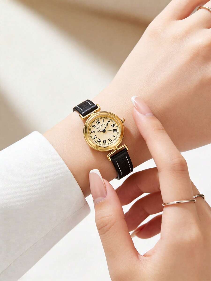 1件女款金色貝殼圓形珠寶石英手錶,金色錶盤配羅馬數字刻度,黑色PU錶帶,復古優雅女錶 - 黑色 - 查看 1