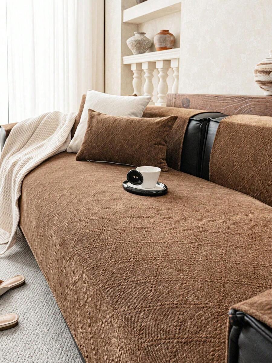 1pc Solid Color Chenille Sofa Cushion, Minimalist Wabi-Sabi Style Sofa Cover With Starry Pattern, Old Sofa Renovation And Protection, Home Decor All-Season Sofa Cover, Suitable For 1-Seater, 2-Seater, 3-Seater, 4-Seater - Brown - View 1