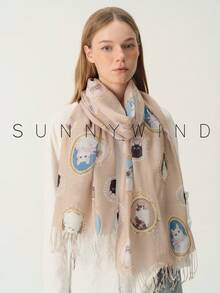 1pc Cute Elegant Sweet Versatile Polyester Printed Scarf With Cat Frame Design For All Seasons Daily Wear - Camel - View 7