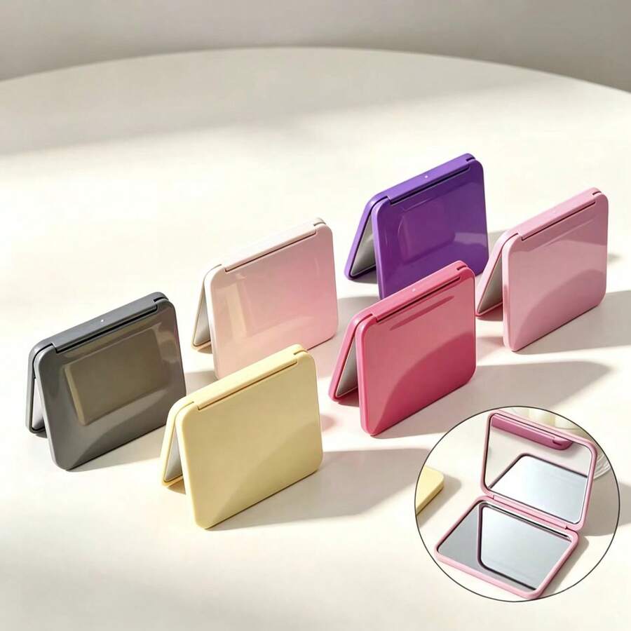 1pc Multicolor Double-Sided Foldable Pocket Makeup Mirror, Portable Compact Square Hand Mirror, Minimalist Travel Makeup Mirror, Suitable For Handbag, Outdoor Daily Touch-Up - Multicolor - View 1