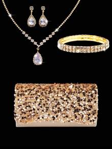 Fashion Sequin Patchwork Evening Clutch Bag, Envelope Handbag, Tote Bag, Paired With Rhinestone Jewelry 3 Pieces Set, Necklace, Earrings, Bracelet, Suitable For Parties, Evening Events, Social Gatherings, Balls And Weddings - Gold - View 8