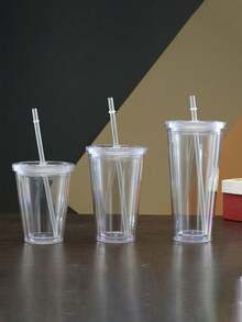 1pc 350ml, 450ml Or 650ml Double Wall Transparent Plastic Straw Cup, Insulated Milk Tea Cup - Clear - View 9