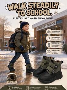 Boys' Thermal-Lined Snow Boots, Winter Hook-And-Loop Thick Sole Anti-Slip Ankle Boots, Outdoor Warm & Cold-Resistant For Small And Medium Children - Black - View 3
