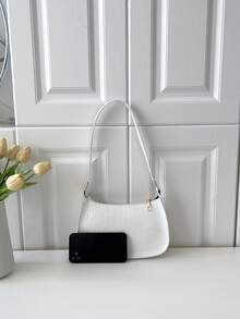 Solid Color Embossed Geometric Shoulder Bag - White - View 2