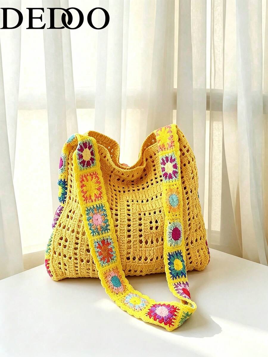 Dedoo Bohemian Style Fashion Women's Summer Crochet Bag, Made Of Polyester Material, Large Capacity Suitable For Casual Outings, Vacations, Beach, Spacious Tote Bag, Vacation Essential, Work, Back To School, Waves, Holidays, Versatile (Shoulder Strap Color/Pattern Random)