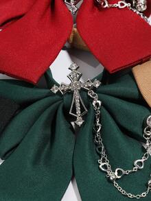 1PC Black/Red/Green/Khaki Bow Tie With Rhinestone Cross & Heart Chain Decor Adjustable Shirt Collar Accessory - Multicolor - View 5