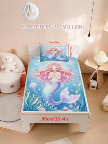 2/3件組女孩海洋公主貼合床單套組，深海卡通床品，30cm深口袋，可愛貝殼水母海星印花床單與枕套，適用兒童臥室 - 彩色 - 查看 11