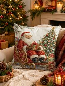Christmas Table Runner, Throw Pillow, Placemat, Vintage Santa Claus Sleigh Gift Christmas Tree Print, Winter Snow Scene, Kitchen Dining Room Holiday Tabletop Decor - Multicolor - View 8