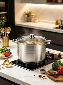 1 Pc Large‑Capacity Stainless Steel Double‑Handled Deep Stock Pot With Tempered Glass Lid, Multiple Sizes Available, Thickened Composite Bottom, Compatible With Gas And Induction Cooktops, Suitable For Soup‑Making And Meat Stewing In Home Kitchen - View 2
