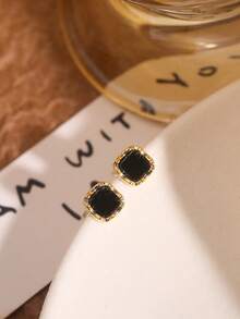 1 Pair Black Square Gold-Rimmed Mini Stud Earrings, Small Elegant High-End Earrings For Women's Daily Wear - Black - View 2