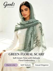 1pc Multi-Color Leaf Embroidery Shawl, Hollow Floral Lace Scarf, Soft & Versatile Chiffon Scarf - Green - View 2
