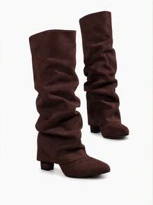 planare Women's Fashion Elegant Slip-On Pointed Toe Stiletto High Heel Ruched Shaft Boots, Loose Western Style Slim Straight Leg Black Tall Boots - Brown - View 3