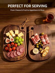 Wooden Cutting Board, Household Kitchen Chopping Board, Deep Groove Design, Double-Sided Wooden Serving Tray, Leather Hanging Strap, Home Kitchen Essential, Suitable For Cutting Meat, Fruit, Vegetables, Cheese, Breakfast, Dinner, Party Decorative Platter - Khaki - View 3